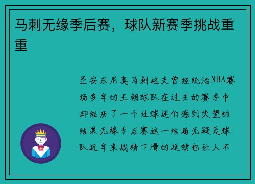 马刺无缘季后赛，球队新赛季挑战重重